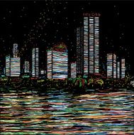 Night city and reflection in water