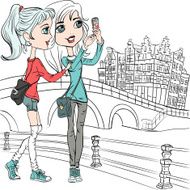 Vector cute girls make selfie in Amsterdam N2