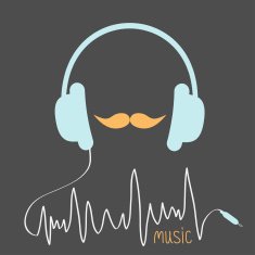 Blue headphones with cord Orange moustaches Music card Flat design