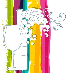 Wine bottle glass grape and watercolor background Vector