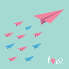 Big pink paper plane with small planes Love card N2