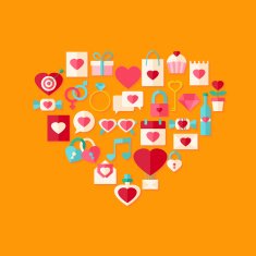 Heart shaped valentine day flat style icon set with shadow