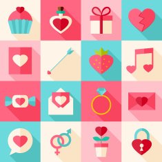 Valentine day flat icon set with long shadow