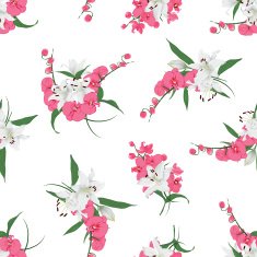 Lilies and orchids bouquet seamless print N3