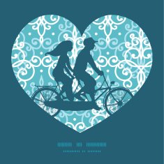 Vector light blue swirls damask couple on tandem bicycle heart N2