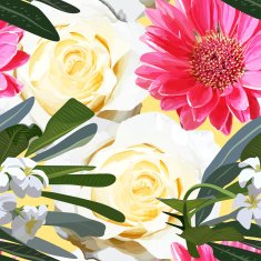 Seamless pattern with white flowers roses and gerberas