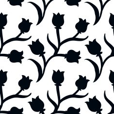 Ditsy floral pattern with black tulips on white