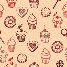 Seamless texture sweets donut biscuit on background polka dots N6