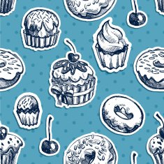 Seamless texture sweets donut biscuit on background polka dots N7