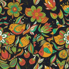 Seamless dark floral pattern with birds