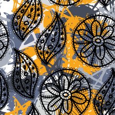 Lace seamless pattern with flowers leaves Gray yellow background vector N2