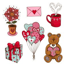 Collection of isolated sketch elements for romantic design