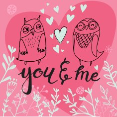 cute card with owls and floral elements in pink color