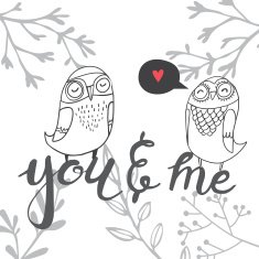 card with owls and floral elements in bw color N2
