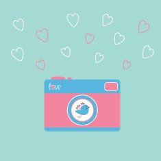Photo camera with bird and hearts Love card