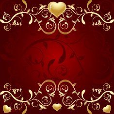 Red Background with golden leaf an hearts