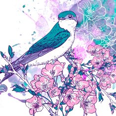 Spring cherry background with birds N4