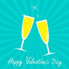 Champagne glasses Blue background Sunburst Happy Valentines