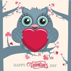 Valentine's day postcard owl on the tree branch N2