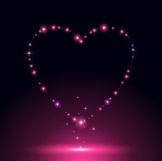 Glowing pink heart of stars and sparkles on dark background
