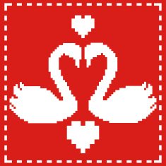 Pixel swans with hearts on red background