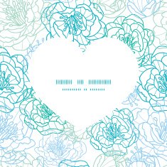 Vector blue line art flowers heart silhouette pattern frame