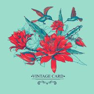 Vintage Card with Red Flowers and Hummingbirds N6