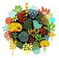 Floral label with birds and bugs