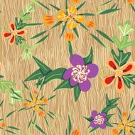 Seamless pattern of flowers on wooden background texture