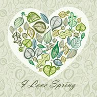 Spring card design with heart made of leaves