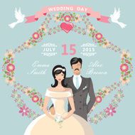 Cute Wedding invitation Floral frame cartoon bride groom