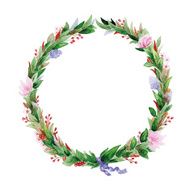 Vintage watercolor wreath with flowers and ribbon