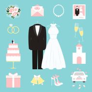 Suit and gown surrounded by wedding icons N2