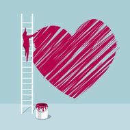 Businessman standing on the stairs painting heart symbols