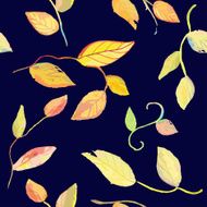 Watercolor floral seamless pattern with leaves on dark blue background N2