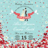 Wedding invitation Bride and groom Flying hearts flowers