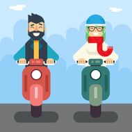 Male Female Hipster Happy Smiling Character Retro Scooter Lifestyle Icon