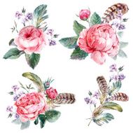 Set vintage watercolor bouquet of roses feathers and wildflowers
