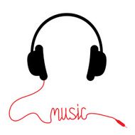 Black headphones with red cord in shape of word Music