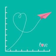 Origami pink paper plane and scale Love card Flat design