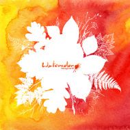 Orange watercolor background with white leaves silhouettes N3