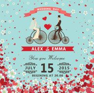 Bride and groom on Reto bicycle Hearts flowers background