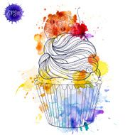 Hand painted watercolor cherry muffin Vector illustration