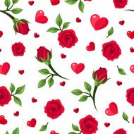 Vector seamless pattern with red roses and hearts on white