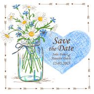 Wedding invitation with mason jar and camomile flowers