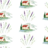 vector watercolor provence chalet and lavender seamless pattern