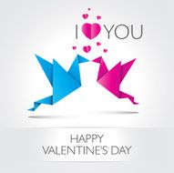 Valentines card Two kissing origami birds with shadow