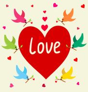 Flying birds with heart`s branch in Love Banner
