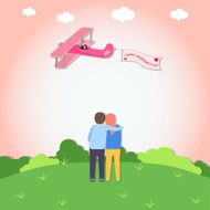 Romantic young lover couple see the air plane Love concept