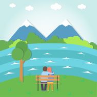 Young couple in love sitting together on bench park N3